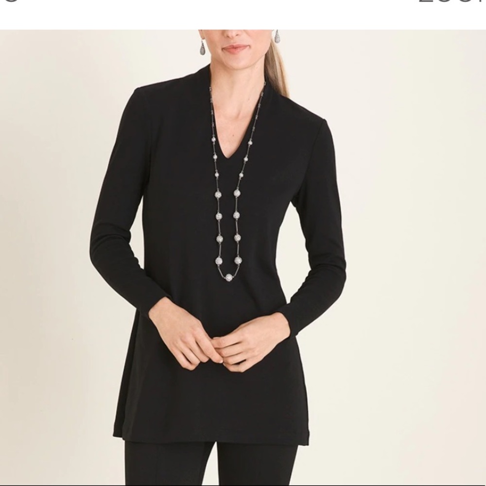 Chicos rich black tunic with polished V neck.